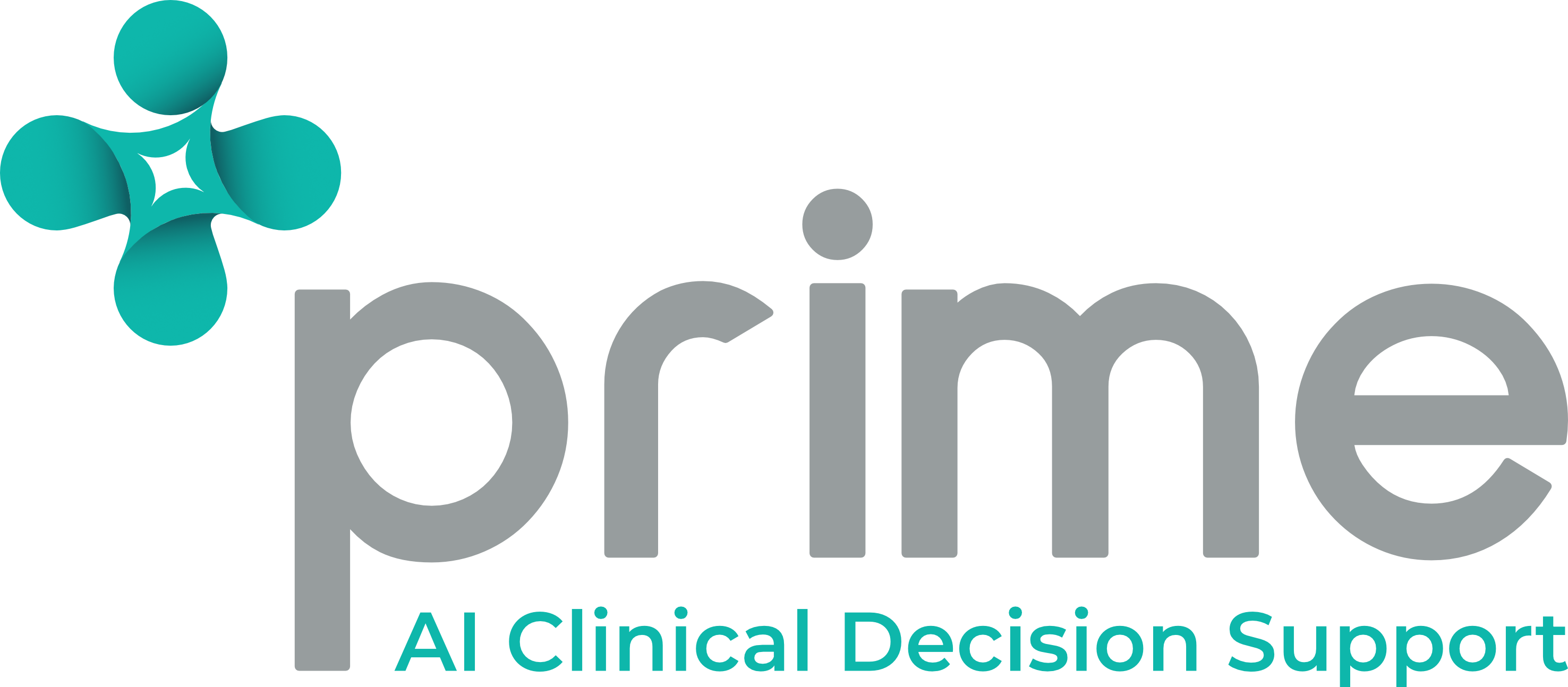 Prime logo with a teal abstract star-like symbol above the grey text 'prime' and tagline 'AI Clinical Decision Support' in teal below.